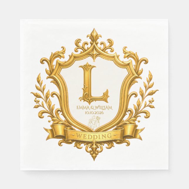 Elegant guld vintage monogram krönings bröllop pappersservett (Framsidan)