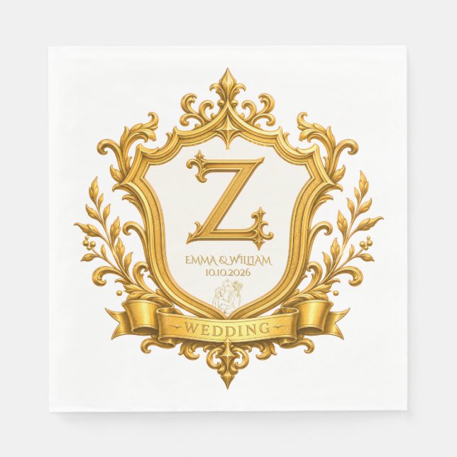 Elegant guld vintage monogram vapen bröllop pappersservett (Framsidan)