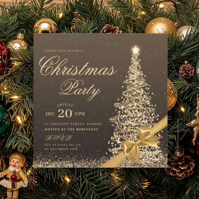 Elegant guld vinter julgran båge fest  inbjudningar (Elegant Gold Winter Christmas Tree Bow Party Invitation)