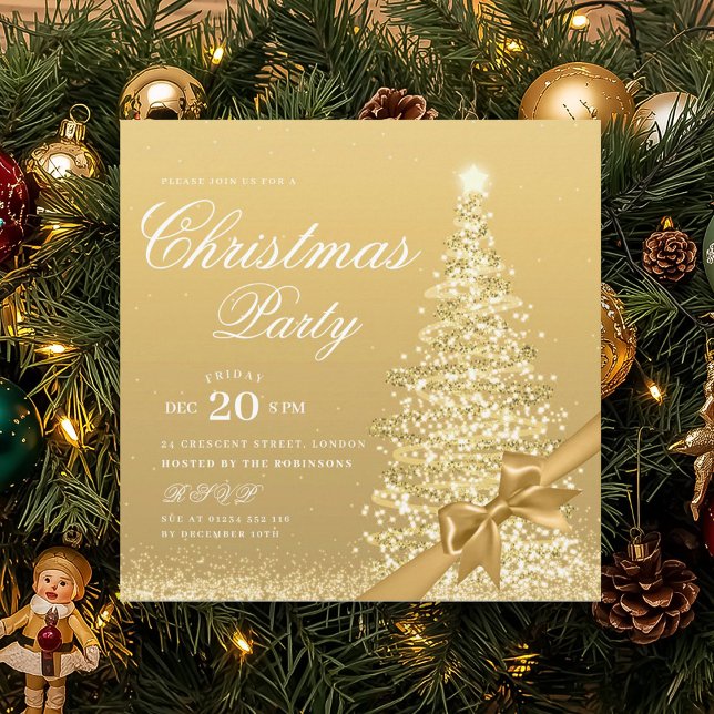 Elegant guld vinter julgran båge  inbjudningar (Elegant Gold Winter Christmas Tree Bow Invitation)