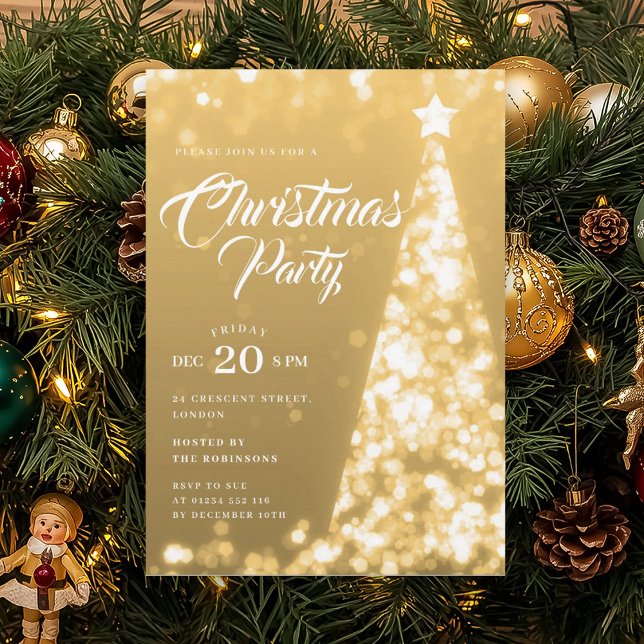 Elegant guld vinter julgran semesterfest inbjudningar (Elegant Gold Winter Christmas Tree Holiday Party Invitation)