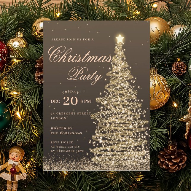 Elegant guld vinter julgran semesterfest  inbjudningar (Elegant Gold Winter Christmas Tree Holiday Party Invitation)