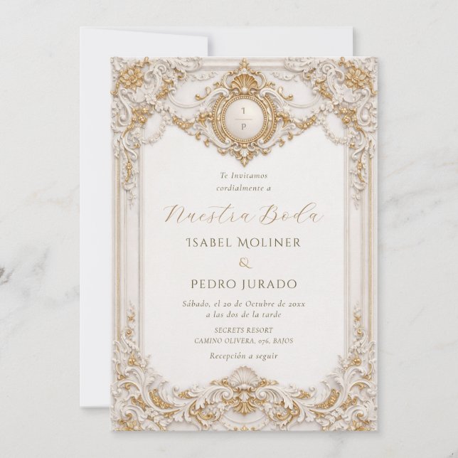 Elegant Guld & Vit Barock Vår Bröllopsdag Bröllop Inbjudningar (Framsida)