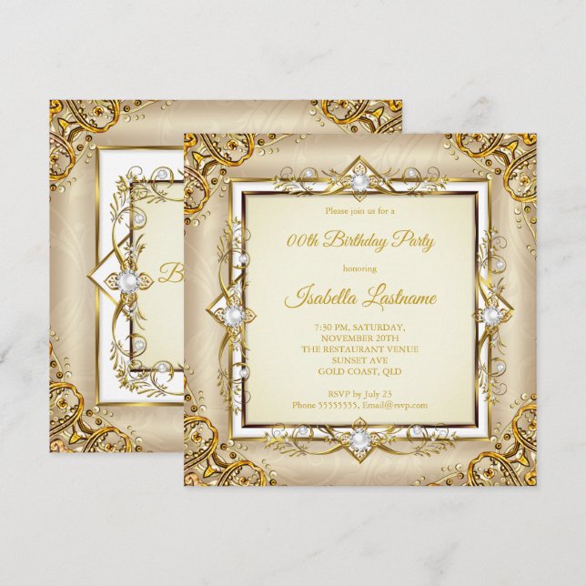 Elegant Guld Vit Beige Pärla Födelsedagsfest Inbjudningar (Fram/baksida)