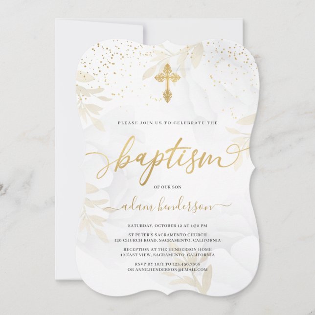 Elegant Guld & vit Blommigt Baptism Inbjudningar (Framsida)