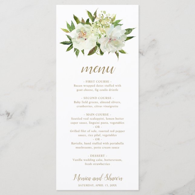 Elegant guld vit blomster modern bröllop meny (Framsida)