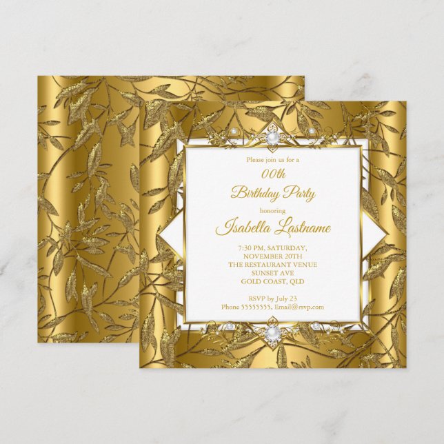 Elegant Guld Vit Damask Pärl Födelsedagsfest Inbjudningar (Fram/baksida)