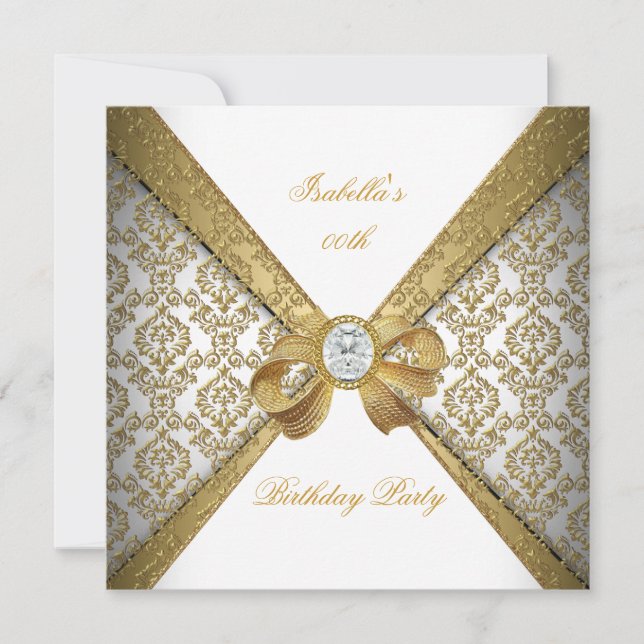 Elegant guld vit diamant damask födelsedagsfest inbjudningar (Framsida)
