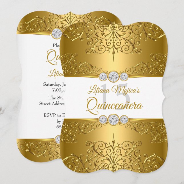 Elegant Guld Vit Diamant Glamour Quinceanera Inbjudningar (Fram/baksida)