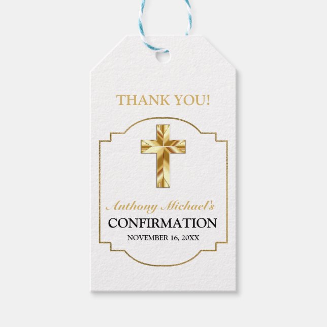 Elegant Guld Vit Katolsk Konfirmation Presentetikett (Framsidan)