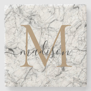 Elegant Guld Vit marble Monogram Femininskrift Stenunderlägg
