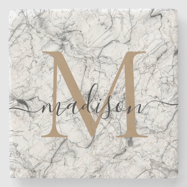 Elegant Guld Vit marble Monogram Femininskrift Stenunderlägg (Framsidan)