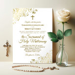 Elegant Guld & Vit Modern katolik Bröllop Inbjudningar<br><div class="desc">Denna vackra bröllopsinbjudan är perfekt för en modern katolsk ceremoni. Den har en vacker utformning med skript som elegant guld och ornera gyllene kurvor och snurrar i hörnen. Innehåller en kor eller crucifix och en ordalydelse som uppmanar gästerna att delta i en livlig massa som förenar paret i heligans sackrament....</div>