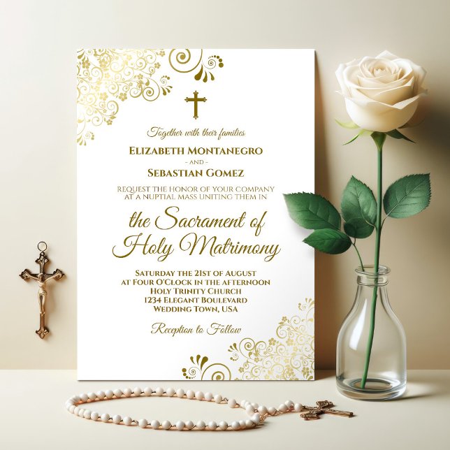 Elegant Guld & Vit Modern katolik Bröllop Inbjudningar (Skapare uppladdad)