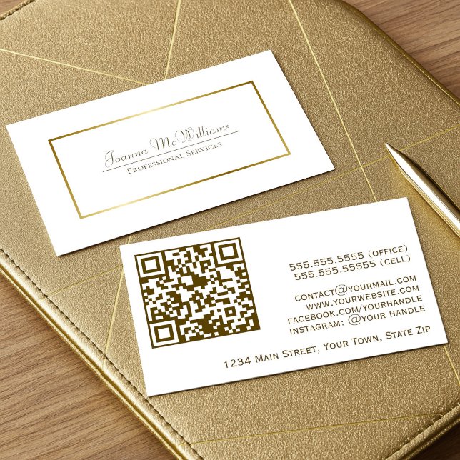 Elegant Guld & vit Professionell QR-kod Visitkort (Front/Back)