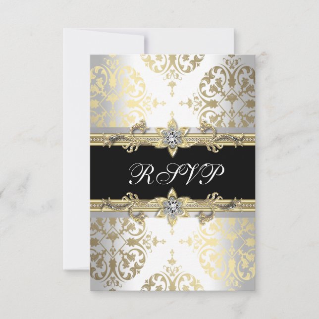 Elegant guld vit svart Damask RSVP OSA Kort (Framsida)