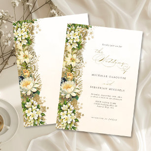Elegant Guld Vita Blommigten Bröllop Inbjudningar