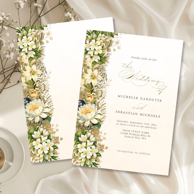 Elegant Guld Vita Blommigten Bröllop Inbjudningar (Elegant Gold White Floral Wedding Invitation)