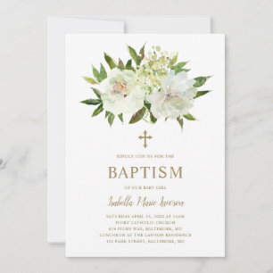 Elegant Guld Vita Blommigten Modern baptism Inbjudningar