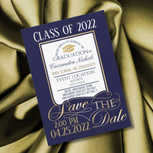 Elegant, Guld, vitt och blått Studenten Inbjudningar (Elegant blue graduation invitation
)