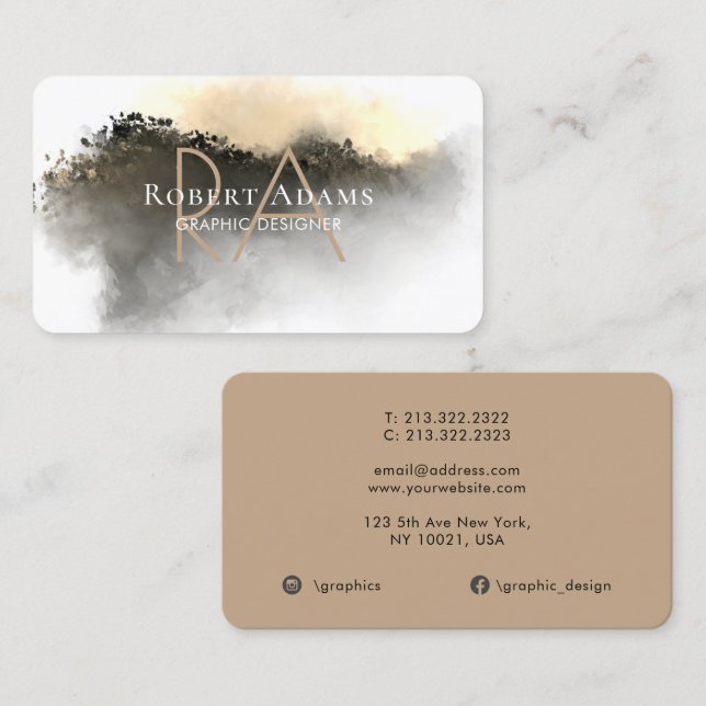 Elegant Guld Watercolor Abstrakt Monogramme Visitkort (Fram/baksida)