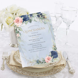 Elegant Guld Watercolor Blue Rosa Quinceañera Inbjudningar