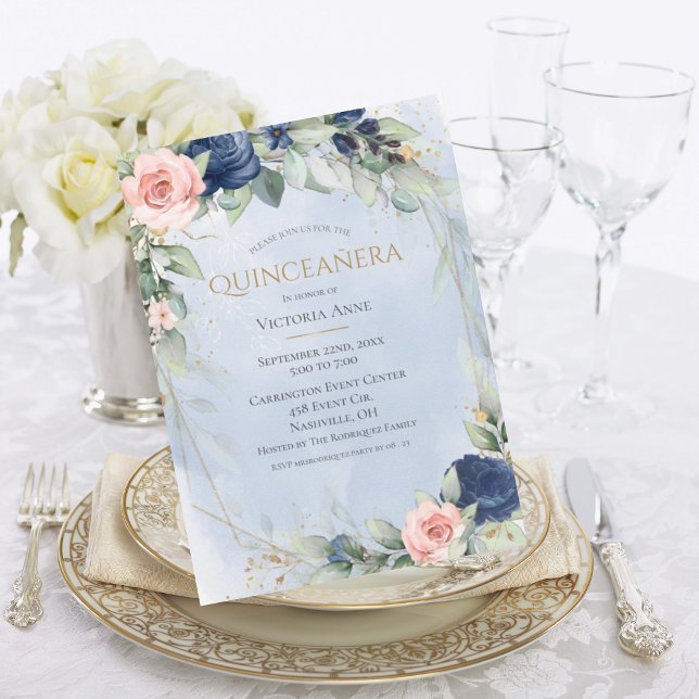 Elegant Guld Watercolor Blue Rosa Quinceañera Inbjudningar (Skapare uppladdad)