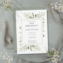 Elegant Guld Watercolor Greenery 30års födelsedag