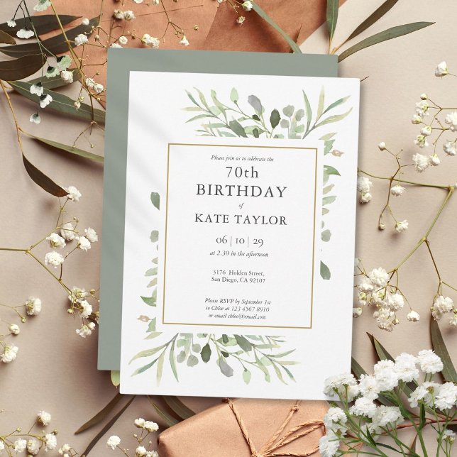 Elegant Guld Watercolor Greenery 70:e födelsedagen Inbjudningar (Elegant Gold Watercolour Greenery 70th Birthday Invitation)