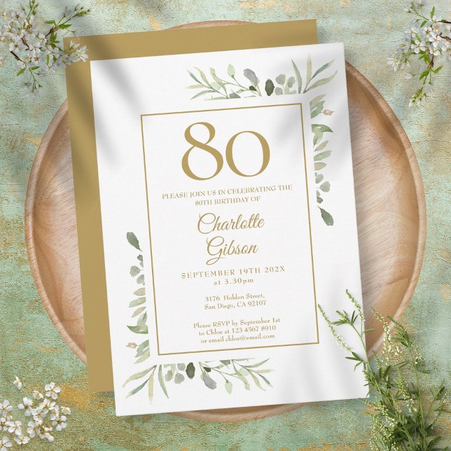Elegant Guld Watercolor Greenery 80 Birthday Inbjudningar (Skapare uppladdad)