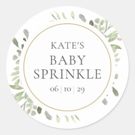 Elegant Guld Watercolor Greenery Baby Sprinkle Runt Klistermärke