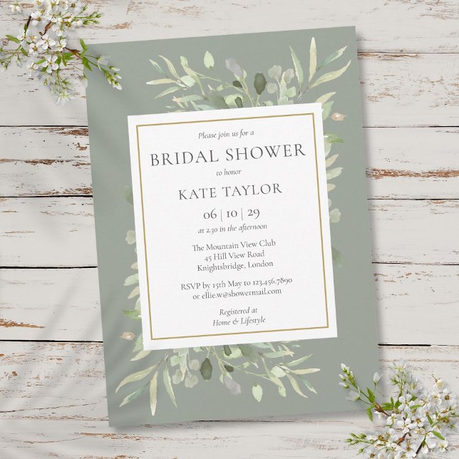 Elegant Guld Watercolor Greenery Möhippa Inbjudningar (Elegant Gold Watercolor Greenery Bridal Shower Invitation)