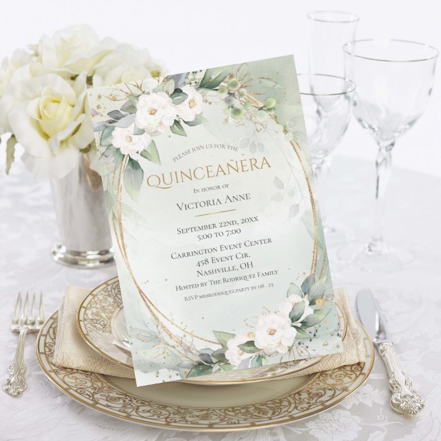 Elegant Guld Watercolor Grönt Quinceañera Inbjudningar (Skapare uppladdad)