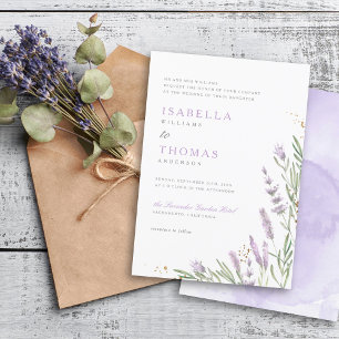 Elegant Guld & Watercolor Lavender Blommigt Bröllo Inbjudningar