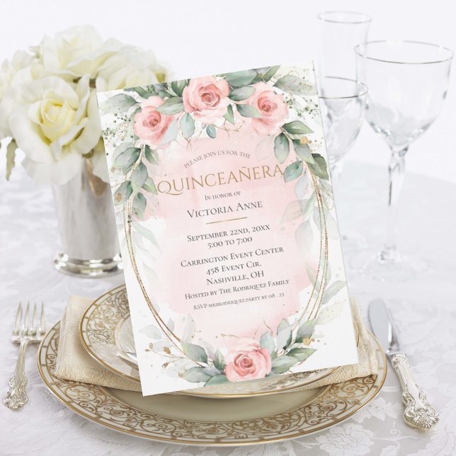 Elegant Guld Watercolor Rosa Quinceañera Inbjudningar (Skapare uppladdad)