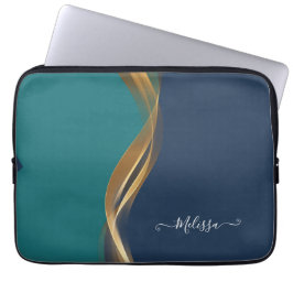 Elegant Guld Wave Blue Teal Electronics Bag Laptop Fodral