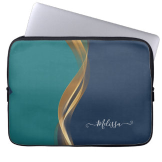 Elegant Guld Wave Blue Teal Electronics Bag Laptop Fodral