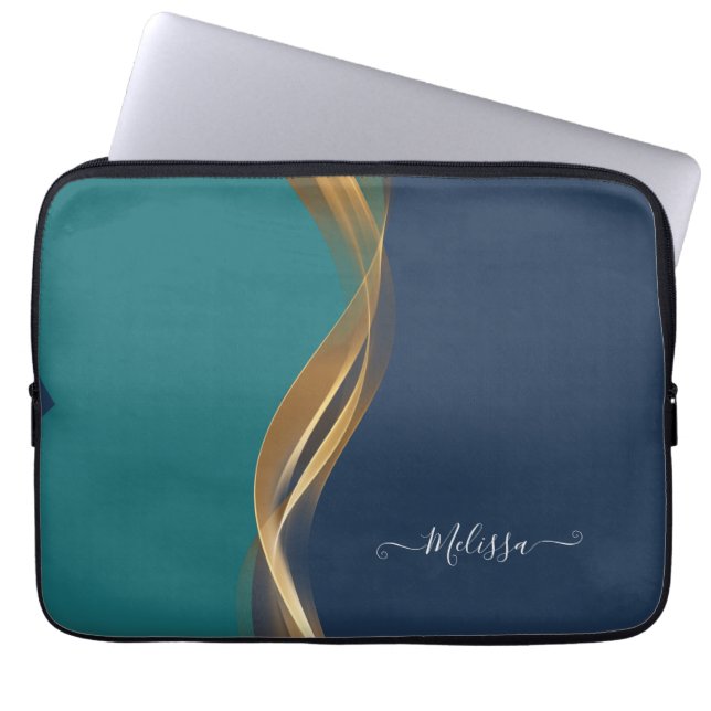 Elegant Guld Wave Blue Teal Electronics Bag Laptop Fodral (Framsidan)