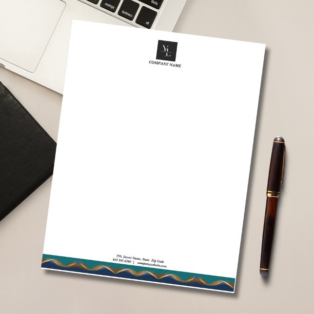 Elegant Guld Wave Blue Teal Logotyp Business Anteckningsblock (Skapare uppladdad)