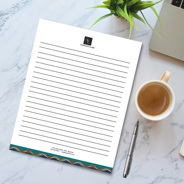 Elegant Guld Wave Blue Teal Logotyp Business Anteckningsblock (Skapare uppladdad)