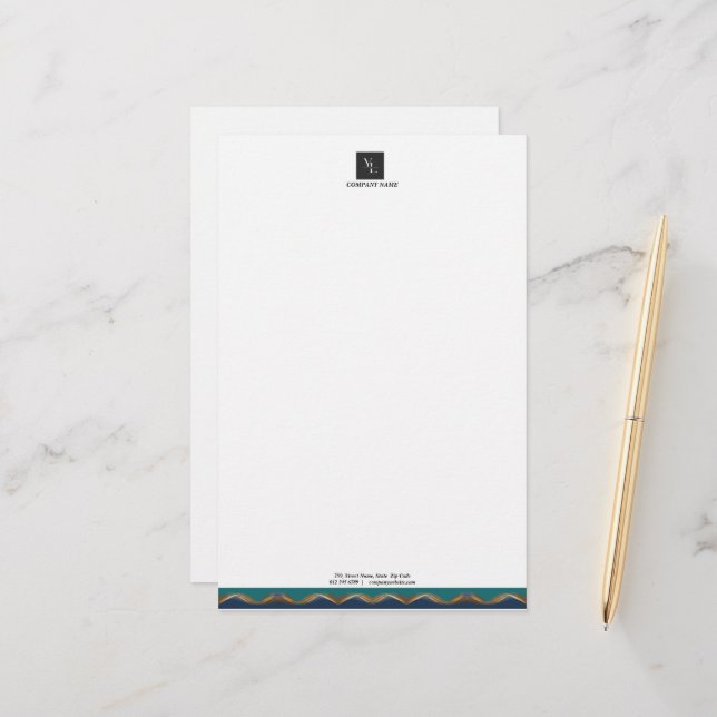 Elegant Guld Wave Blue Teal Logotyp Business Brevpapper (Fram/Back In Situ)