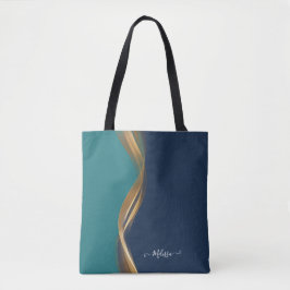 Elegant Guld Wave Blue Teal med Namn Tygkasse