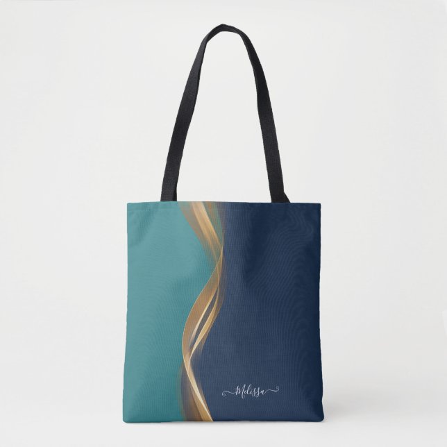 Elegant Guld Wave Blue Teal med Namn Tygkasse (Framsida)