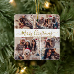 Elegant Guld White 5 Photo Collage jul Julgransprydnad Keramik<br><div class="desc">Elegant Modern Script Guld och White 5 Photo Collage God jul Script Helgdag Ceramic Ornament. Med minimalistisk fem (5) fotokollage-mall, en söt rutnätssortering och "God jul" som säger! Texten "God jul" hälsning är skriven i ett vackert handskript med vit vit nyck-svan-typskript i guld på vit färg-bakgrund. På baksidan finns en...</div>