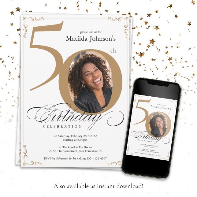 Elegant Guld White Anpassningsbar Photo 50:e födel Inbjudningar (50th Birthday Elegant Gold White Calligraphy Photo Invitation)