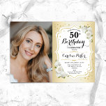 Elegant Guld White Blommigt Photo 50:e födelsedage Inbjudningar<br><div class="desc">Femininininbjudan till elegantens blommigt på 50 år med ditt foto. Glam-design med faux guld. Funktioner vit ros, typsnitt för skript och konfiguration. Perfekt för en snyggt vuxen under firande party. Anpassa med dina egna detaljer. Kan anpassas för vilken ålder som helst! Skrivna Zazzle-inbjudningar eller digital utskrivbar mall för omedelbar nedladdning....</div>