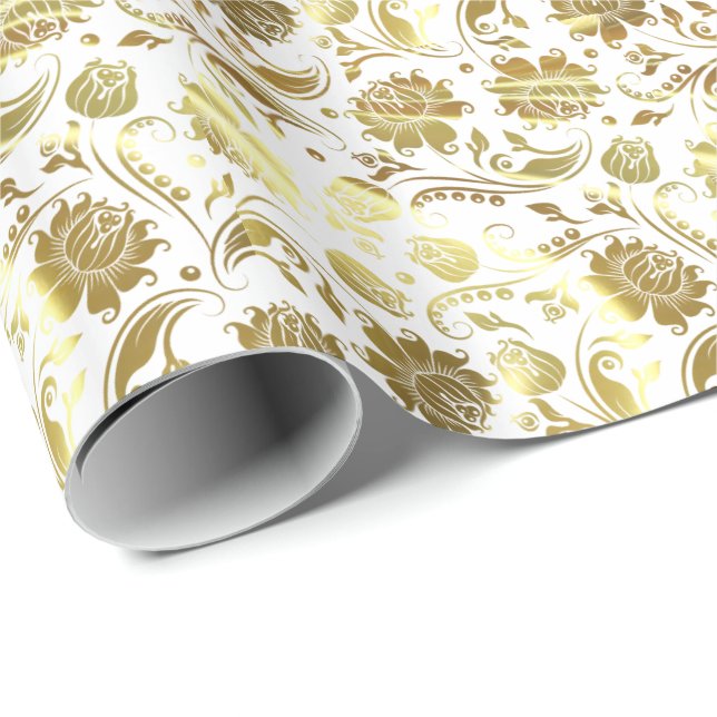 Elegant Guld & White-Blommönstret Presentpapper (Rullad Hörn)