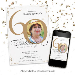 Elegant Guld White Calligraphy Photo 60 Birthday Inbjudningar