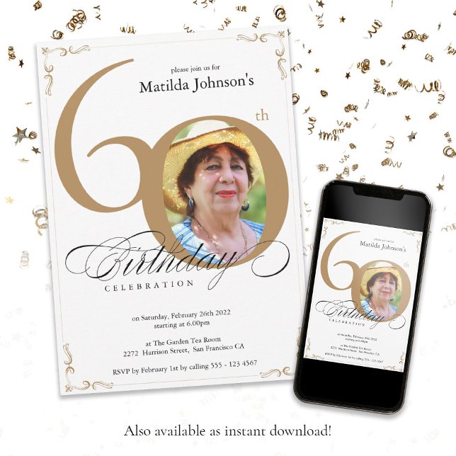 Elegant Guld White Calligraphy Photo 60 Birthday Inbjudningar (Elegant Gold White Calligraphy Photo 60th Birthday Invitation)
