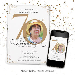 Elegant Guld White Calligraphy Photo 70 Birthday Inbjudningar